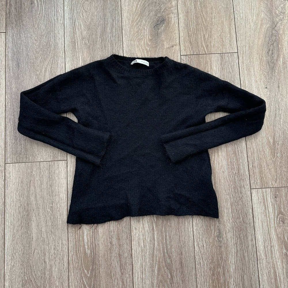 Zara Black Fuzzy Alpaca Polyamide Wool Blend Crewneck Sweater Size L